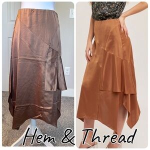NWT Hem & Thread Asymmetrical Ruffle Satin Skirt Elastic Waist Zip up Sz Small